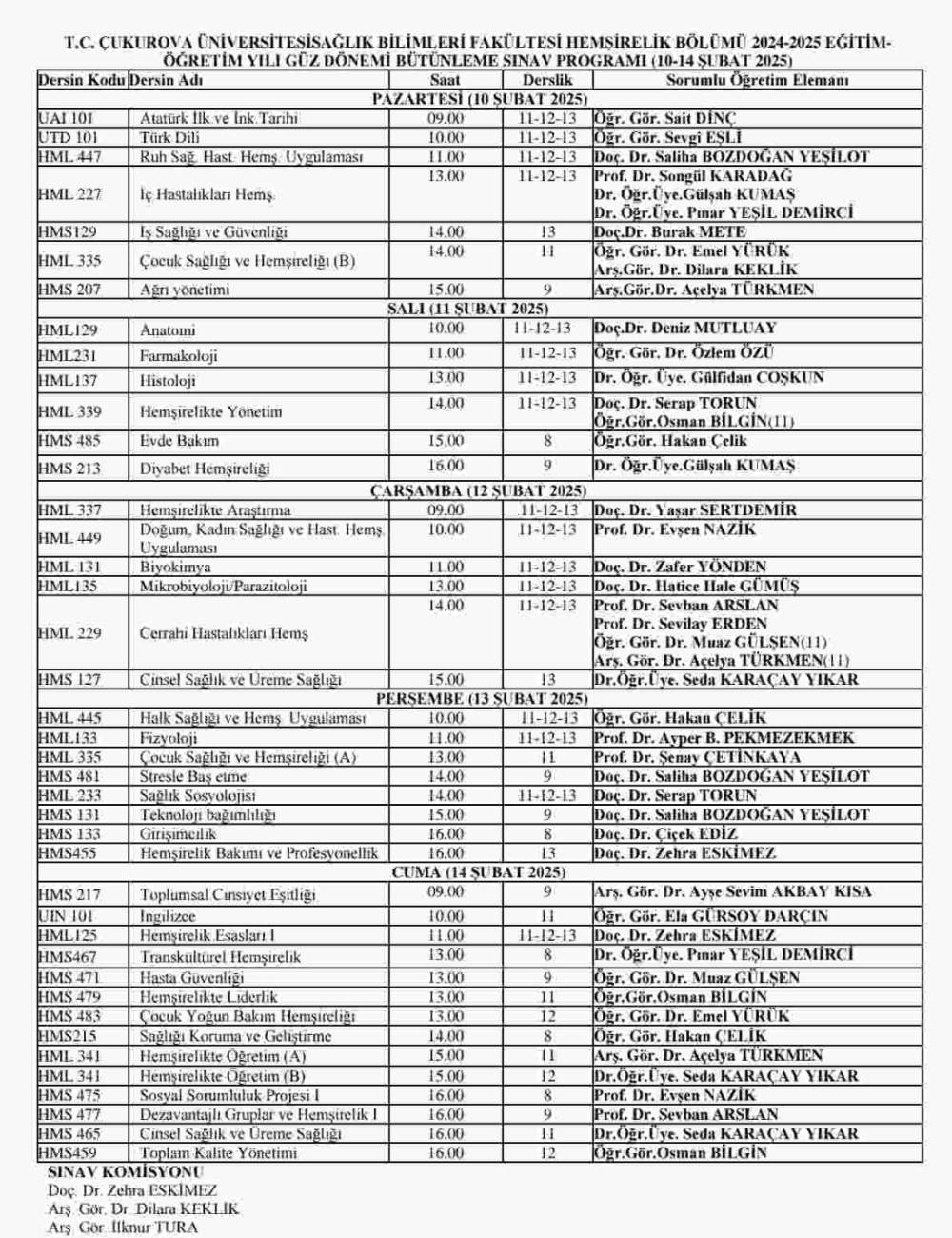 2024-2025 BÜTÜNLEME SINAVI PROGRAMI